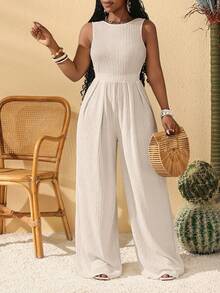 Slaydiva 春夏休闲度假新款秀安简约圆领无袖前片英文Logo印花阔腿超长裤波浪纹千叶图案针织白色女连体裤-A - 杏色 - 查看 4