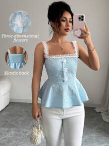 Elenzga Camiseta sin hombros con volantes y decoración floral para mujer