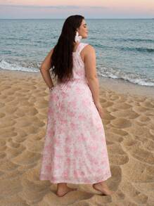 SHEIN MOD Plus Size Women's Summer Pink Ditsy Floral Lace Stitching Dress,Elegant Graduation Holiday Long Vacation White,Tropical,Beach Dress,Feminine - Pink - View 5