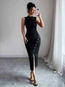 Elenzga 女士优雅腰部修身无袖长开衩连衣裙，夏季 - 黑色 - 查看 4