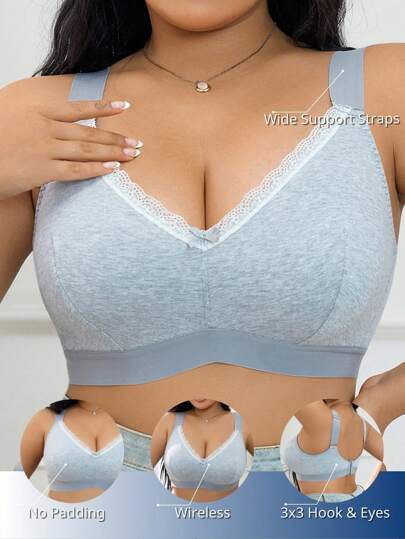 SHEIN 一件优雅舒适柔软的纯棉大码女式文胸，饰有花卉蕾丝和蝴蝶结，配有可调节宽肩带，无钢圈设计。