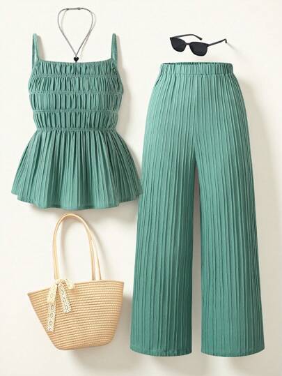 Sparklyn 甜美度假风格细肩带上衣和阔腿裤两件套，适合少女春夏休闲装