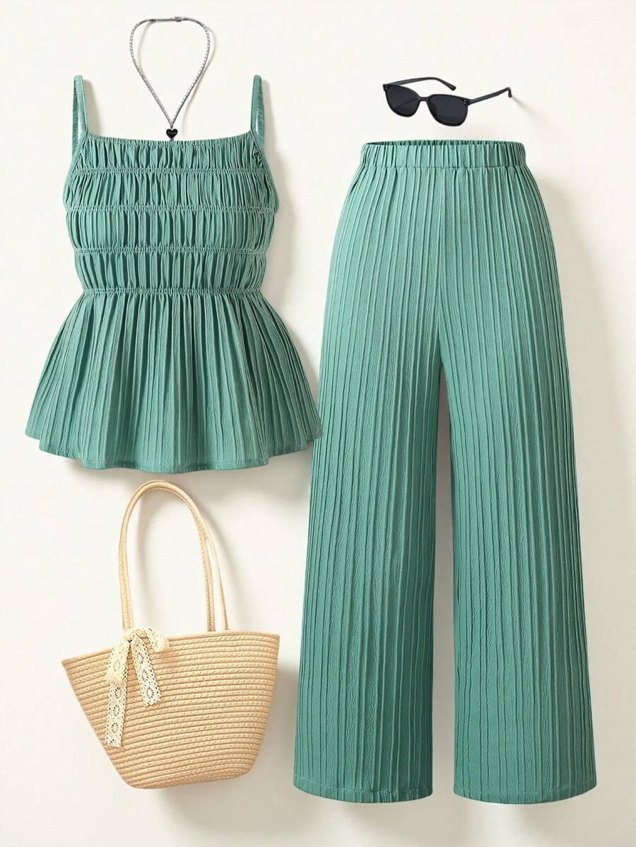 Sparklyn 甜美度假风格细肩带上衣和阔腿裤两件套，适合少女春夏休闲装