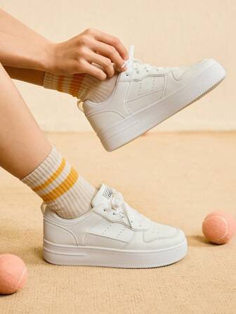 CUCCOO EASI Versatile Thick Sole Lace-Up Front White Casual Shoes, Increase Height, Women/Student Sports Sneakers, Spring/Summer