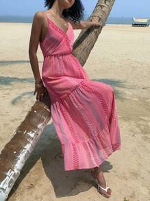 DAZY فستان كاجوال مقلم بحمالات سباغيتي، طراز العطلات، أزياء الشاطئ للسيدات