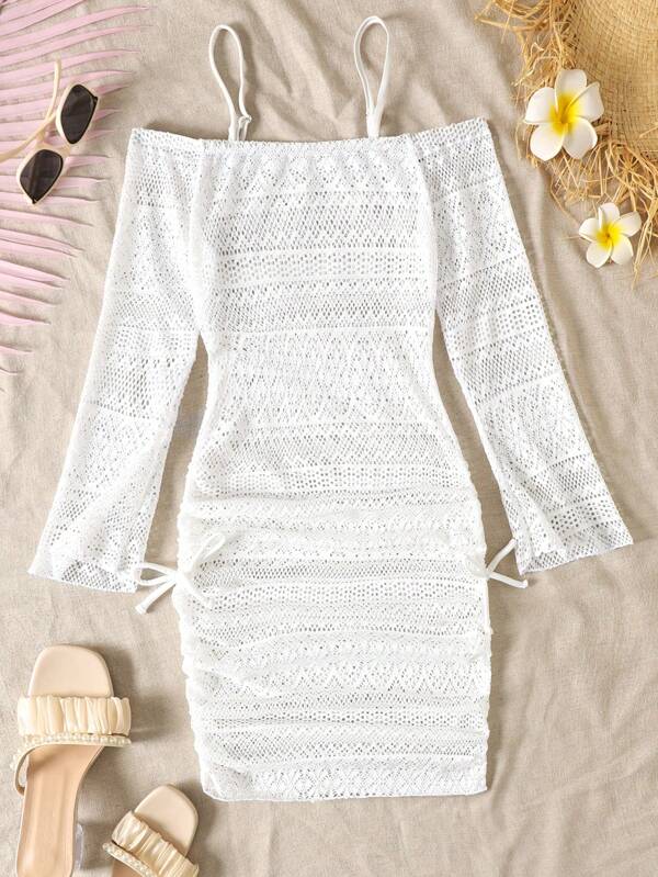SHEIN Tween-Mädchen Lässiges Off-Shoulder Strickkleid mit Häkelspitze, Rüschen, Schleife und Volantsaum, Weiß