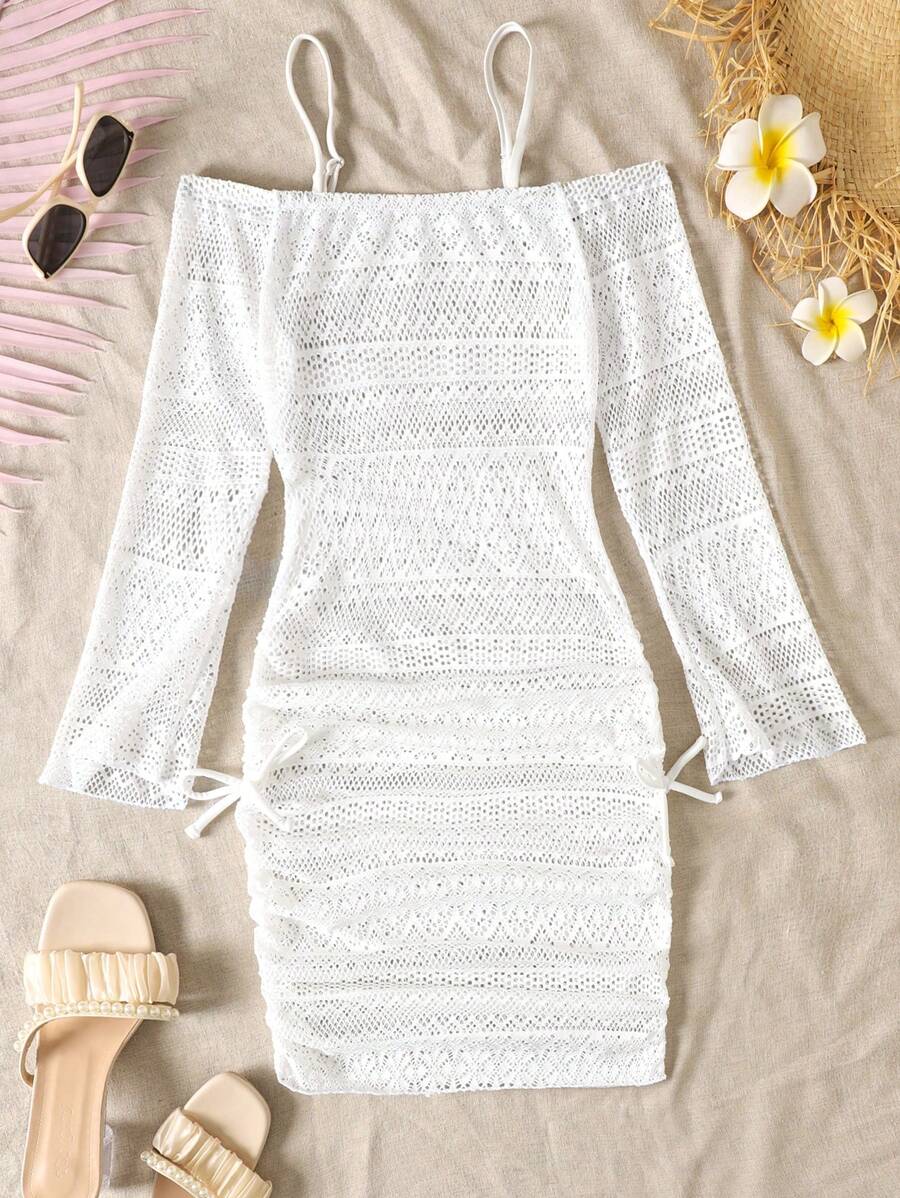 SHEIN Tween Girls Casual Vacation Seashore Crochet Lace Frill Ruffle Bow Off Shoulder Flounced Hem Knit Dress, White