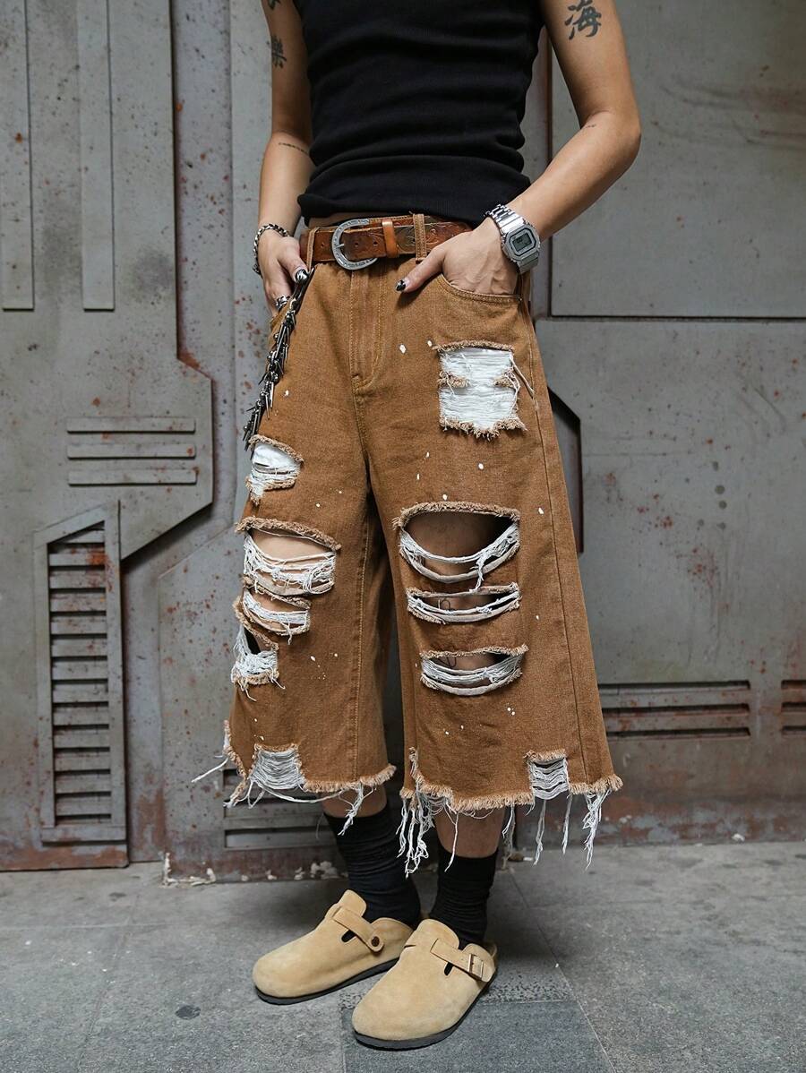 PAVTROS 大码男士做旧阔腿牛仔短裤 - 咖啡棕 - 查看 1