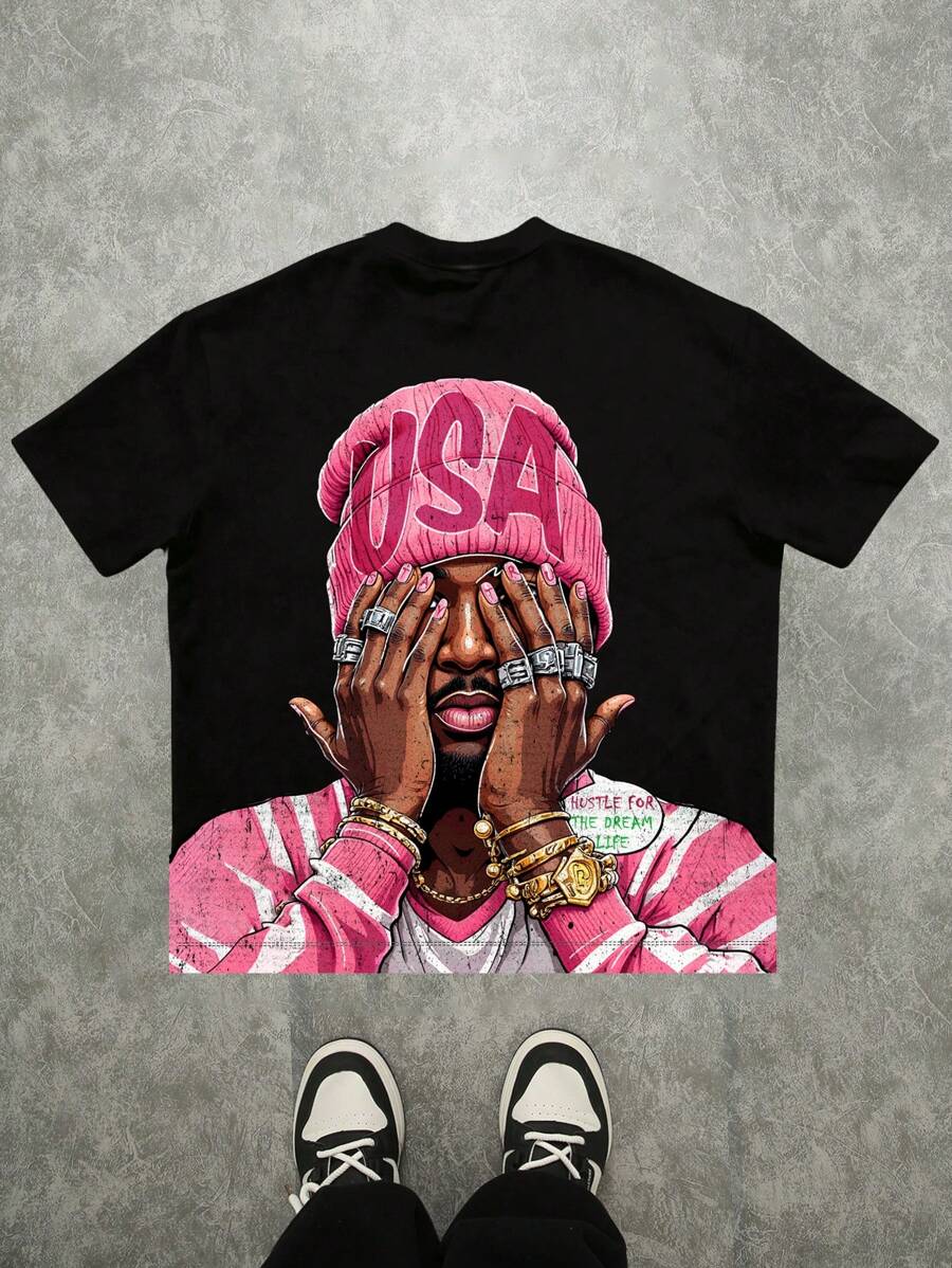 Manfinity Roghcode Men's Casual Cartoon Character Print Short Sleeve T-Shirt, Summer - Black - View 1