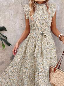 SHEIN LUNE Casual Women Ditsy Floral Cap Sleeve Midi Dress - White - View 7