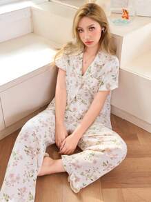 Dream Adore Conjunto de pijama con cardigan de manga corta de solapa con estampado floral y pantalones