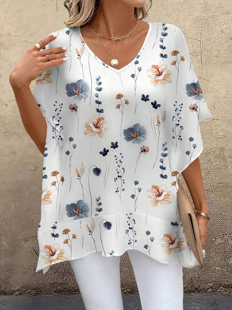 Women's Casual Loose Fit V-Neck Spliced Web Blouse, Suitable For Summer