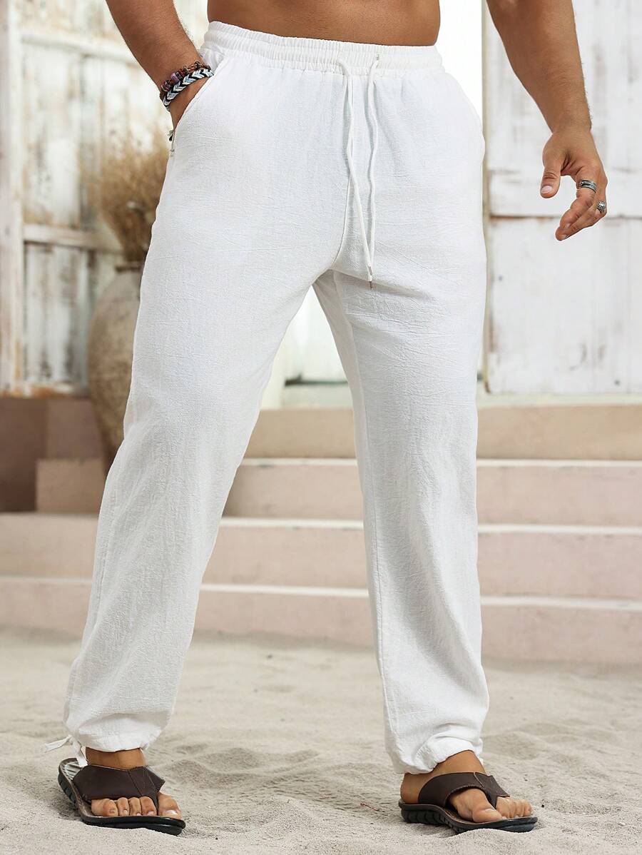 Manfinity RSRT Men's Solid Color Simple Linen Casual Linen Pants, Fall - White - View 1