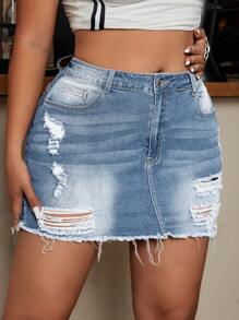 SHEIN ICON Plus Size Denim Mini Skirt, Fashionable For Summer