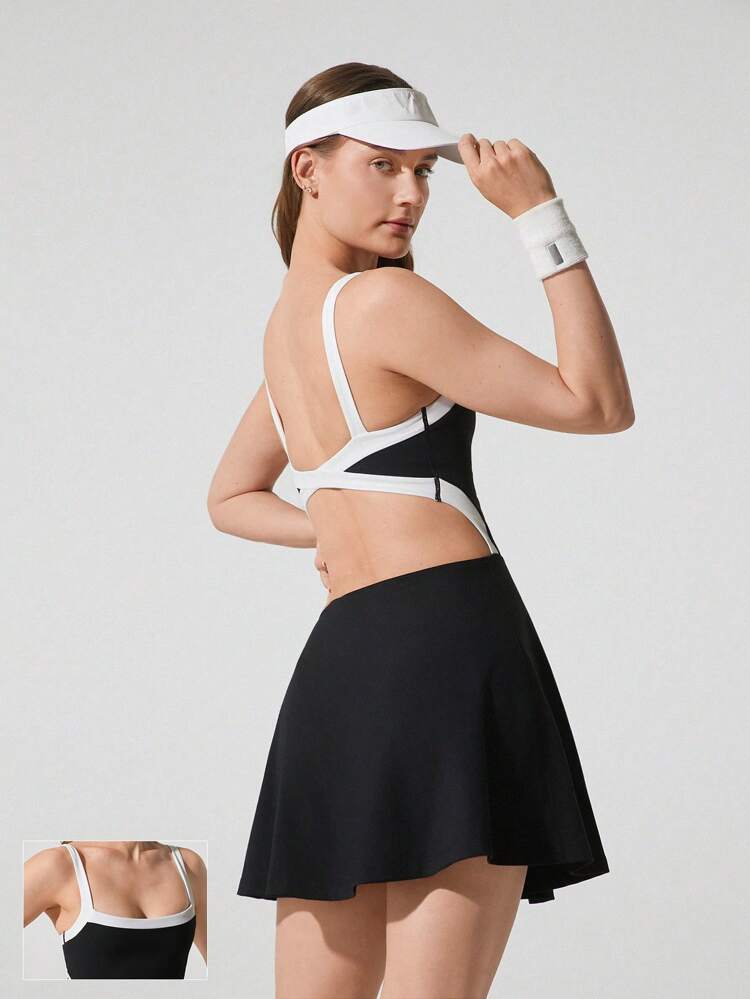 Quick-Dry Easy Leisure Open Back Contrast Color Pleated A-Line Dress Low Impact Tennis Golf Pickleball Daily Casual Wear