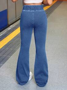 SHEIN Tween Girl Fashion Casual Blue Denim Daily Exercise Basics Stretch Slim Flared Jeans For Girls Soft Dailywear And The Four Seasonsr Tween Girl Clothes - Medium Wash - View 2