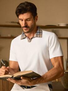 Manfinity VCAY 男士休闲针织拼接梭织格子领宽松落肩短袖Polo衫