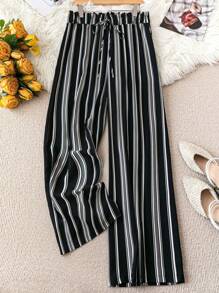 SHEIN CURVE+ Plus Size Women Woven Striped Print Ruffle Edge Drawstring Wide Leg Casual Long Pants, Spring/Summer - Black and White - View 1