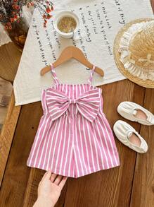SHEIN LMoss Kids 女宝宝可爱休闲夏季粉色和白色条纹蝴蝶结肩带连体衣 - 粉色 - 查看 1