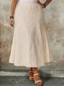 Breezaya Plus Size Women Solid Color Minimalist Jacquard Fabric Skirt - Apricot - View 5