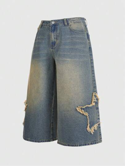 Street Life Jeans décontractés en denim à coupe ample pour hommes, avec poches étoilées et bords effilochés contrastés