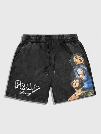 Street Life Herren Lässig Shorts mit Buchstaben- und Cartoon-Muster, Kordelzug Taille, Taschen