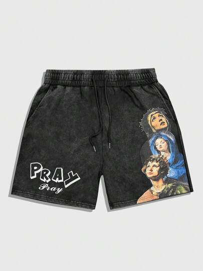 Street Life Herren Lässig Shorts mit Buchstaben- und Cartoon-Muster, Kordelzug Taille, Taschen