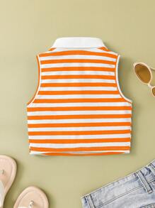 Young Girl Striped Polo Collar Form-Fitting Casual Crop Top - Orange - View 2