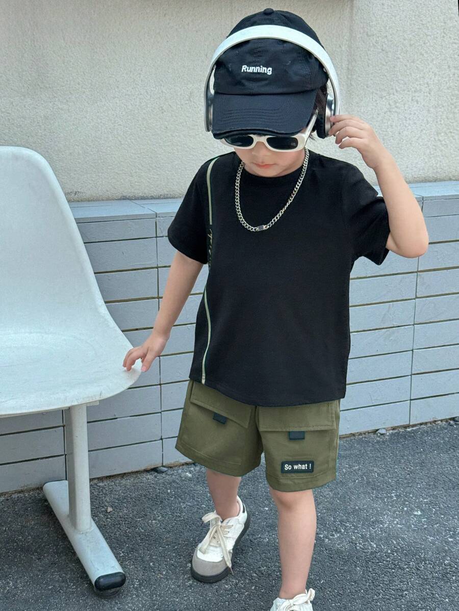 SHEIN Little Byeori 2 件套男孩休闲百搭圆领 T 恤和霓虹绿色工装短裤套装，适合春夏季、日常穿着、运动、郊游、学校、聚会、度假、表演、摄影