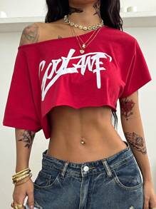 Coolane WOMEN Streetwear Going Out Sport Casual Graphic Off Shoulder Slouchy Cropped Red Tee - Red - View 2