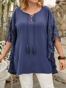 EMERY ROSE Blusa casual de unicolor talla grande, adecuada para túnica de verano y vacaciones - azul real - Ver 1