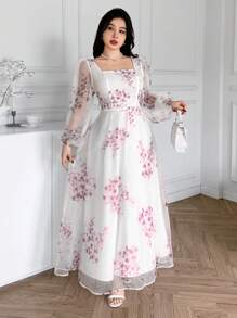 Feyla Women Floral Print Semi-Sheer Long Sleeve Dress,Bohemian Clothes - Red - View 4