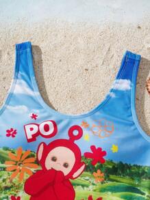 Teletubbies X SHEIN Tween Girl Cartoon Grassland Pattern One-Piece Swimsuit, Summer - Multicolor - View 3