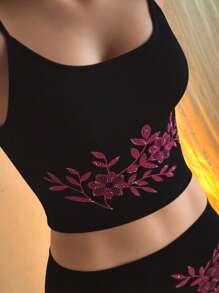 SHEIN SXY 女士夏季花卉图案短款吊带背心和裙子两件套服装，适合日常穿着和节日穿着 - 黑色 - 查看 6