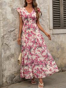 SHEIN Clasi Women's Shirred Ruffle Sleeve Gathered Waist A-Line Floral Print Elegant Maxi Dress, Suitable For Daily Wear, Travel, Spring/Summer,Bohemian Clothes - Hot Pink - View 1