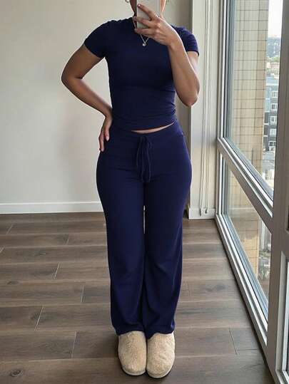 INAWLY Set de 2 piezas - Blusa de cuello redondo de manga corta y pantalones de unicolor look casual para mujer