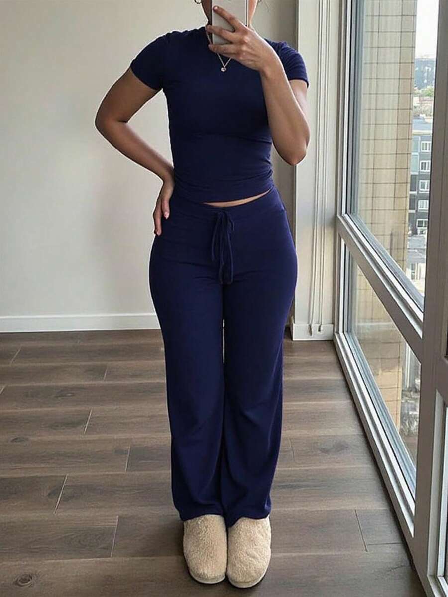 INAWLY 2 Stücke/Set Damen einfarbiger Rundhals Kurzarm T-Shirt und Hose Lässig Outfit