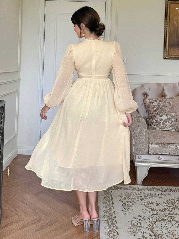 Sequin Waist Splice Lace Lantern Sleeve Elegant Long Fall Dress For Women Long Sleeve Dress Prom Dress Carnival Maxi Dress