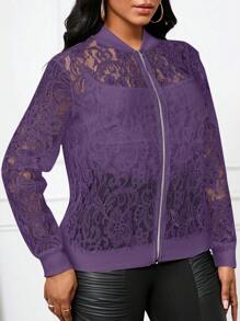 SHEIN Lady Women's Lightweight Black Lace Baseball Jacket Coat