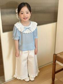 DAZY 2 件年轻女孩圆领蕾丝花边拼布短袖 T 恤和心形装饰裤子套装，女孩夏季服装 - 白色 - 查看 7
