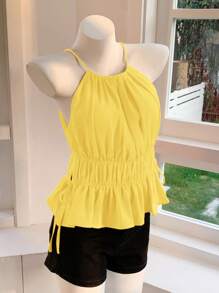 Comfortcana 夏季休闲黄色褶饰露背上衣