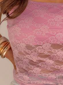 Aralina Curve Lace Sheer Spaghetti Strap Fitted Back Cut Out Cute Summer Outfits Women Cami Top - Pink - View 6