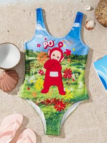 Teletubbies X SHEIN Tween Girl Cartoon Grassland Pattern One-Piece Swimsuit, Summer - Multicolor - View 1