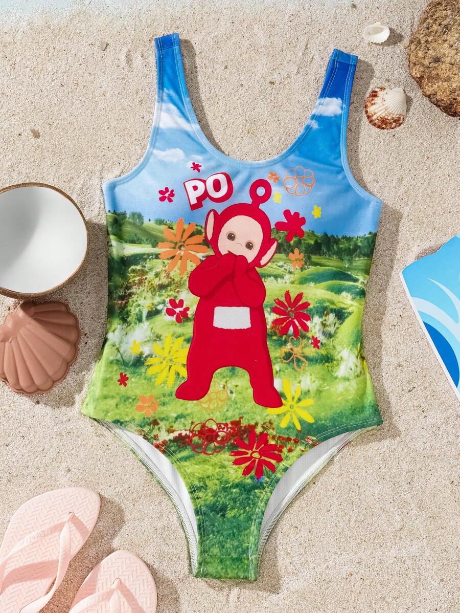 Teletubbies X SHEIN Tween Girl Cartoon Grassland Pattern One-Piece Swimsuit, Summer - Multicolor - View 1
