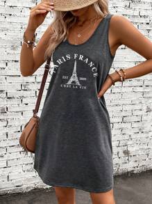 EMERY ROSE Simple Casual Paris Eiffel Tower Pattern Tank Top Dress, Cotton, Suitable For Summer, Retro,Dresses For Women Summer Suitable For Going Out - Dark Grey - View 7