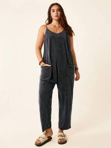 SHEIN LUNE 大码女式休闲口袋酸洗连体裤 - 黑色 - 查看 3