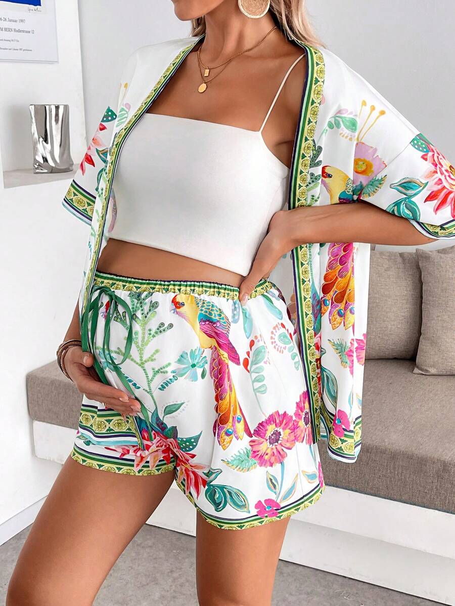 SHEIN 2 Pieces Set Maternity Vintage Style Peacock Floral Pattern Open Front Short Sleeve Top And Shorts Summer Outfits For Women - Multicolor - View 1