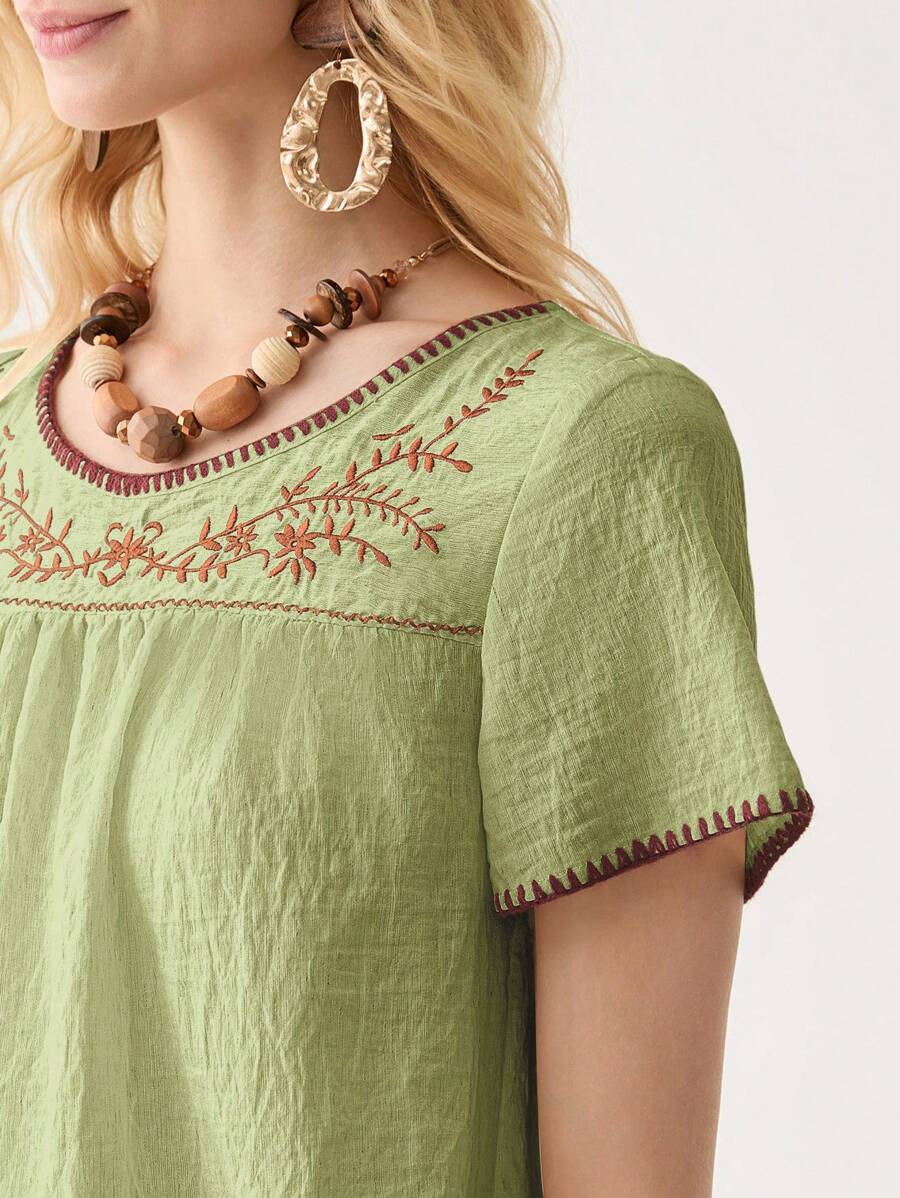 Florisole Áo sơ mi nữ mùa hè cổ tròn thêu tay ngắn phong cách Bohemian thường ngày màu be - màu xanh lá - Xem 1