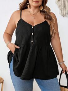 SHEIN CURVE+ 大码女式华夫格针织上衣，娃娃款吊带背心，波西米亚风度假夏季/乡村/海滩风 - 黑色 - 查看 7