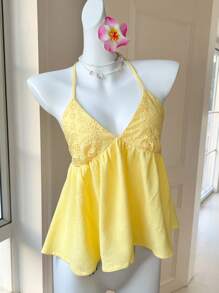 Comfortcana Women's Butter  Yellow Linen V-Neck Halter Neck Tank Top For Summer Vacation - Yellow - View 3